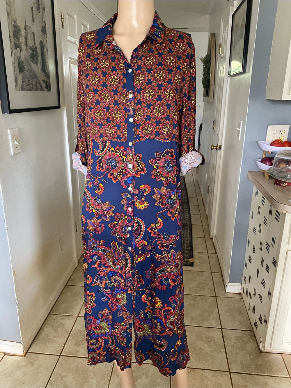 fig and flower Navy Multicolor Floral Paisley Button-Front Maxi Dress
